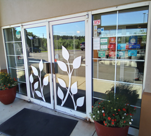 Commercial doors with glass entrance panels adorned in white leaf patterns are flanked by large potted plants. Various stickers mark the right door pane, while a black mat rests on the concrete floor—a perfect entryway enhanced by expert automatic door service.