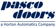 Logo for Pasco Doors, a Horton Automatics Company, displayed in blue text with the company name above a descriptive tagline highlighting commercial door installation.