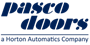 Logo for Pasco Doors, a Horton Automatics Company, displayed in blue text with the company name above a descriptive tagline highlighting commercial door installation.